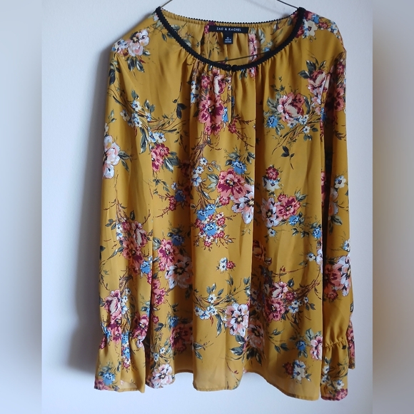 Zac & Rachel Tops - Zac & Rachel Women's Size XL Floral Keyhole Long Sleeve Yellow Multi Blouse